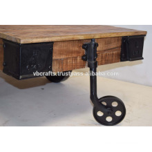 Industrial Vintage Cart Coffee Table. Cast Iron attachment Rough Mango Wood Surface